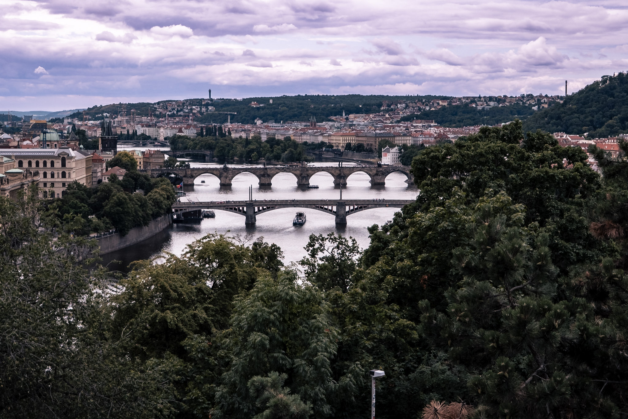 Widok na mosty nad Wełtawą i panoramę Pragi z czerwonymi dachami i zabytkami